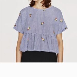 ZARA Striped Blue Floral Top